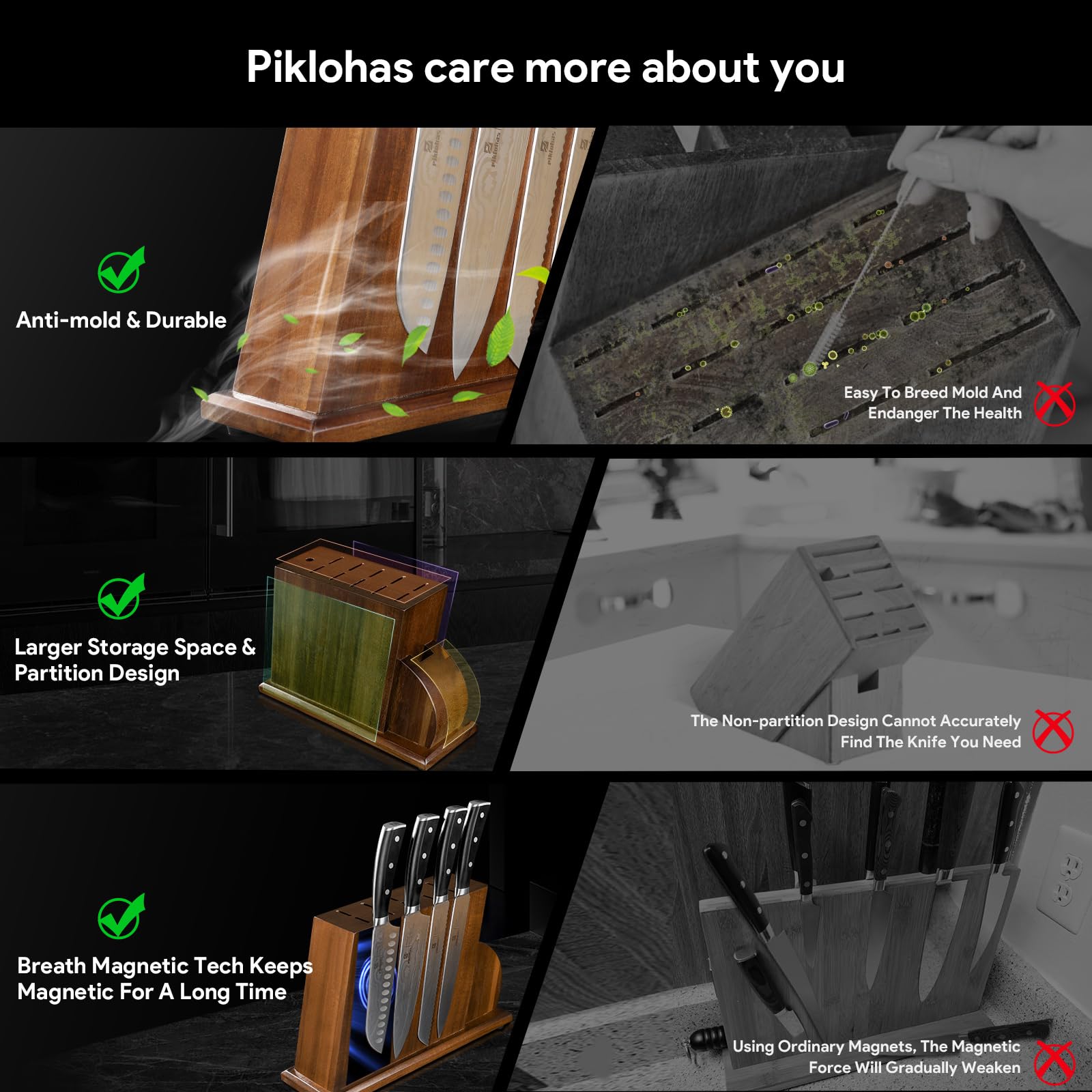 Piklohas magnetic knife block saves counter space and protects blades