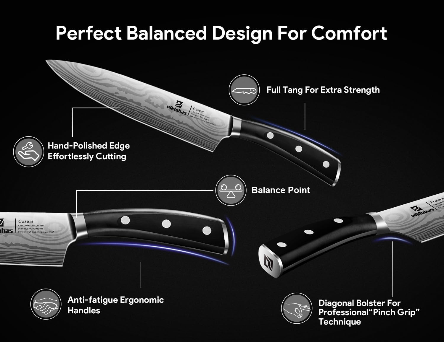 Piklohas santoku knife ergonomic handle enhances comfort during long prep sessions