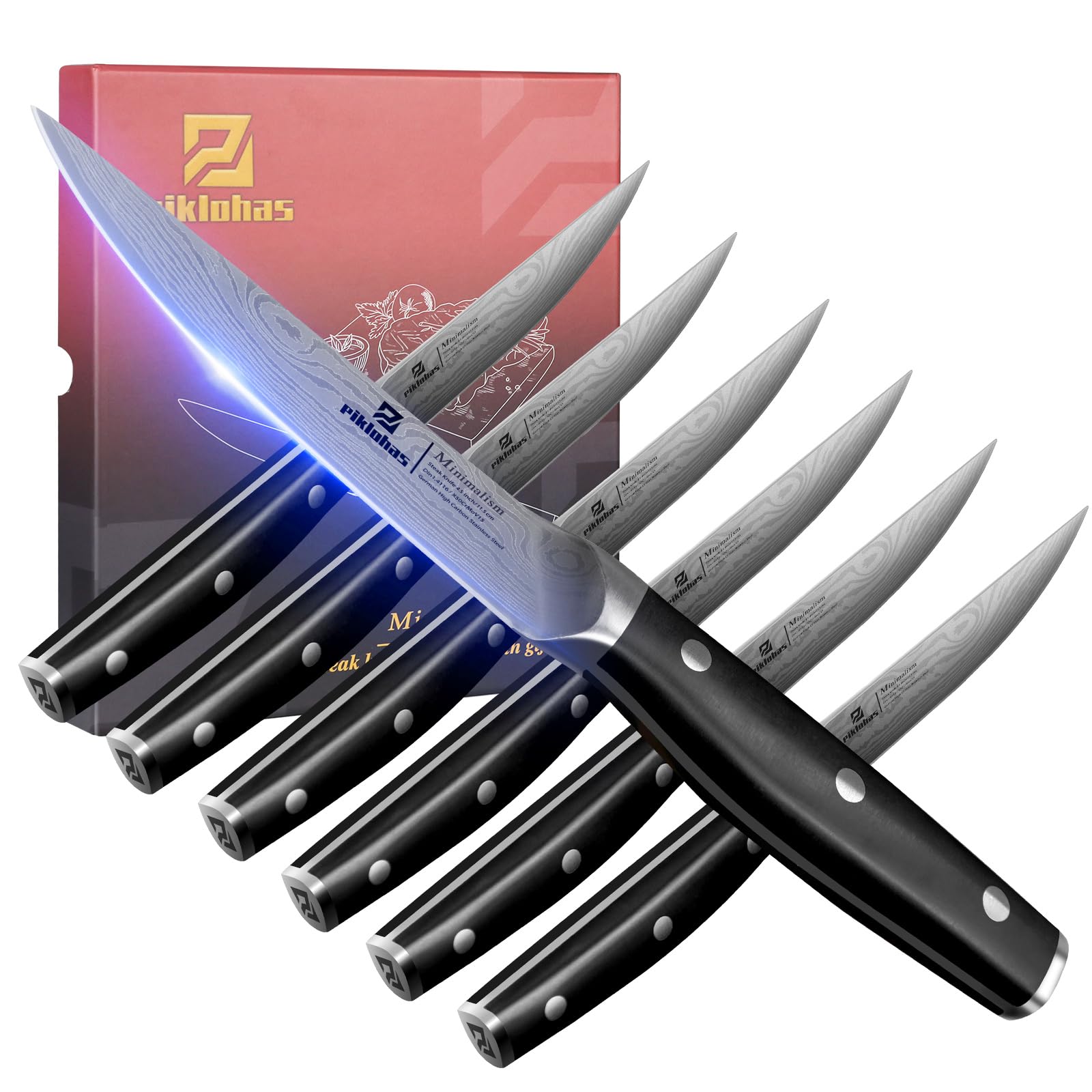 Piklohas 6-piece steak knife set with Damascus blade for clean, precise cuts.