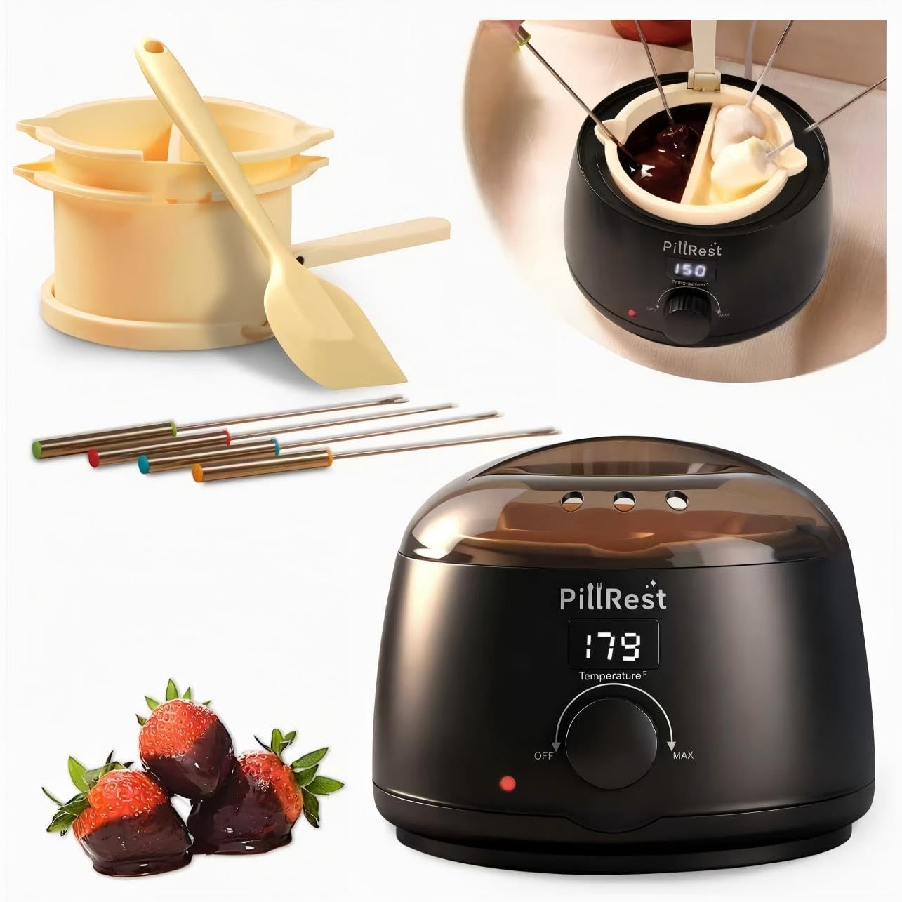 PillRest chocolate melting pot with dual bowls for two flavors.