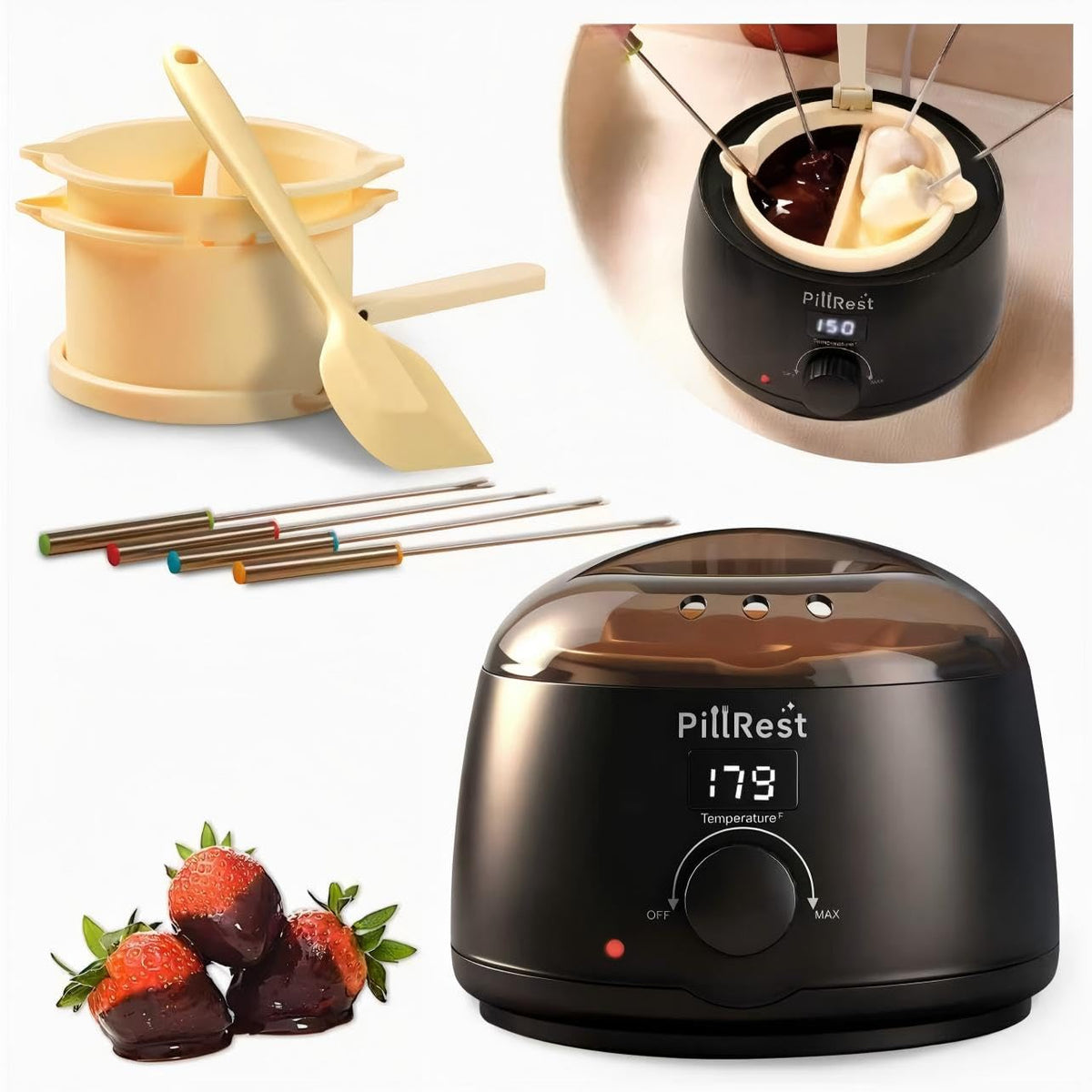 PillRest chocolate melting pot with dual bowls for two flavors.