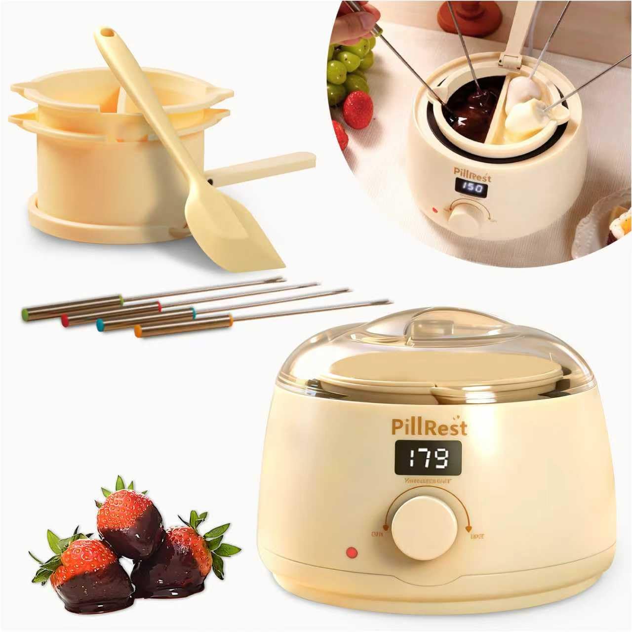 PillRest chocolate melting pot front view with dual bowls for two flavors