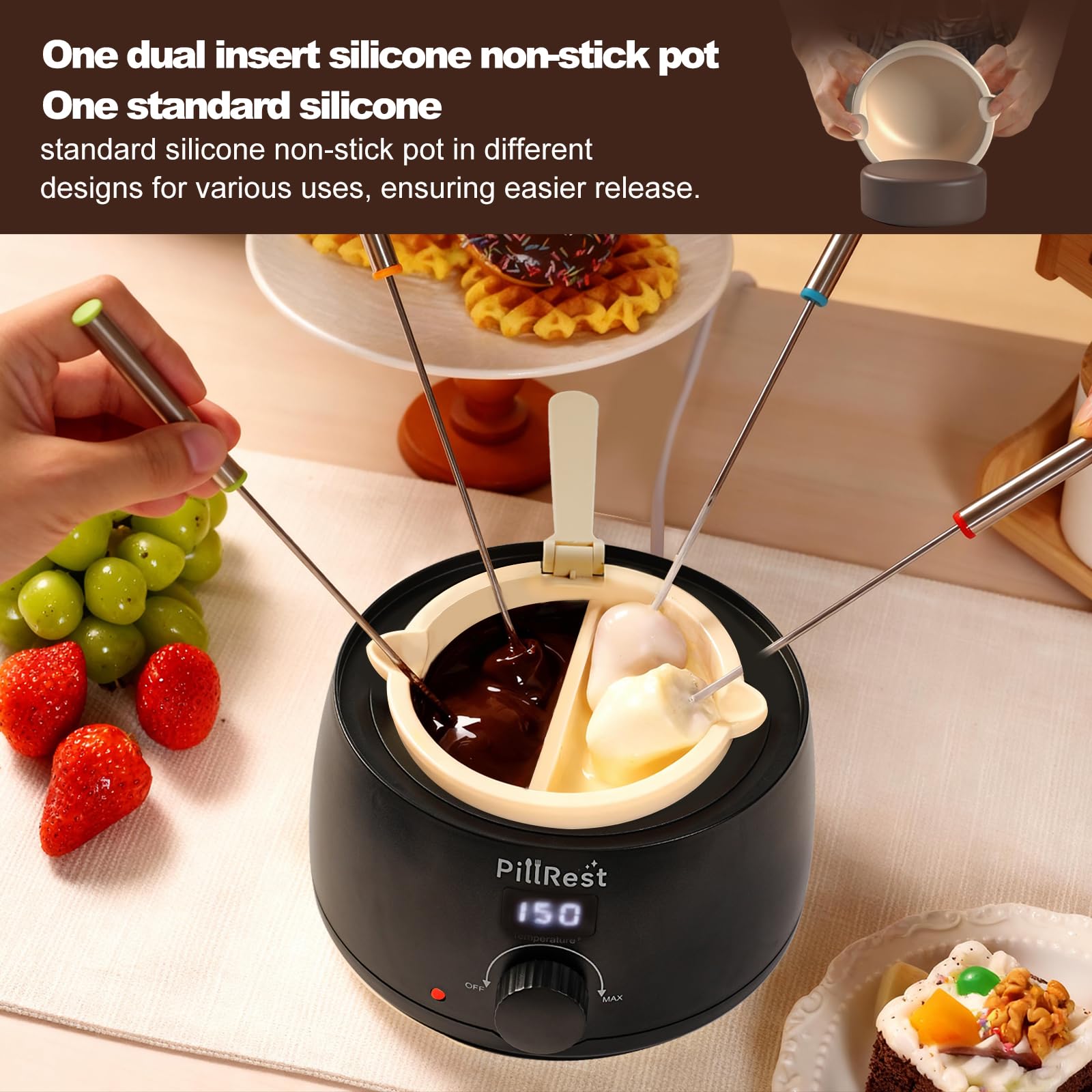 PillRest electric fondue pot with digital display for precise temperature.