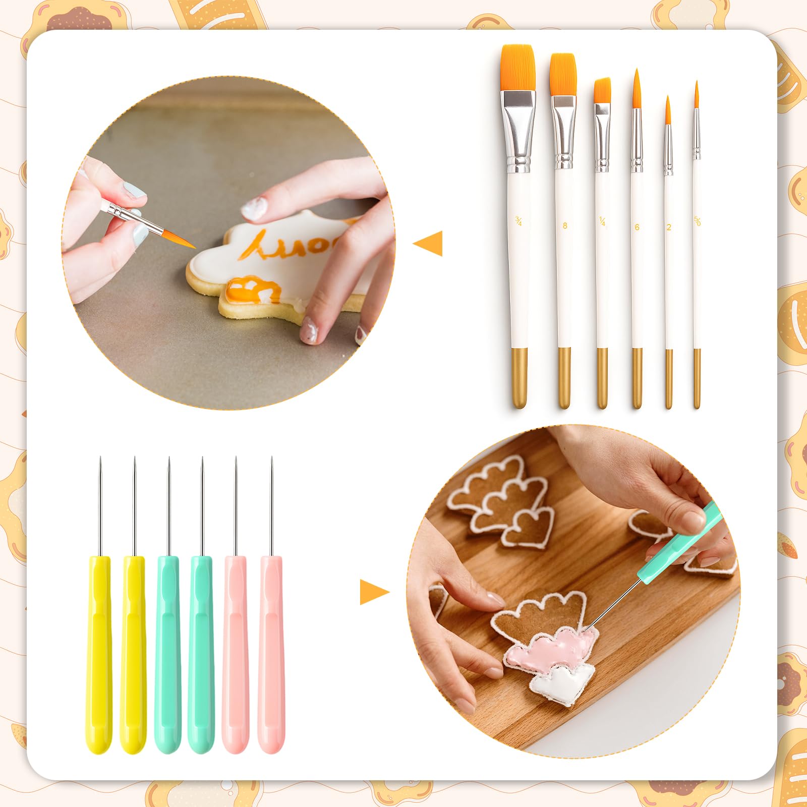 Pimoys decorating brushes 6-pack with synthetic bristles for smooth icing.