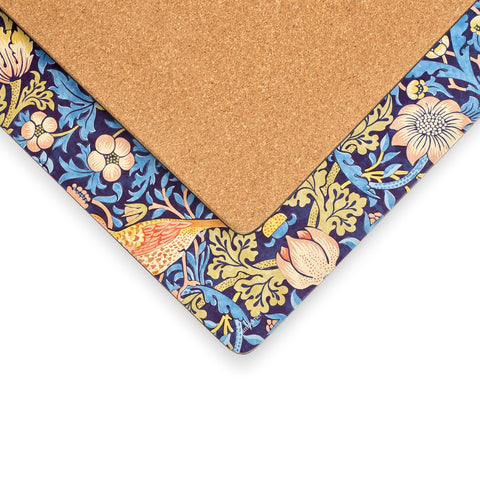 Pimpernel Morris and Co Strawberry Thief blue placemats, stain resistance close-up, ideal for spills.