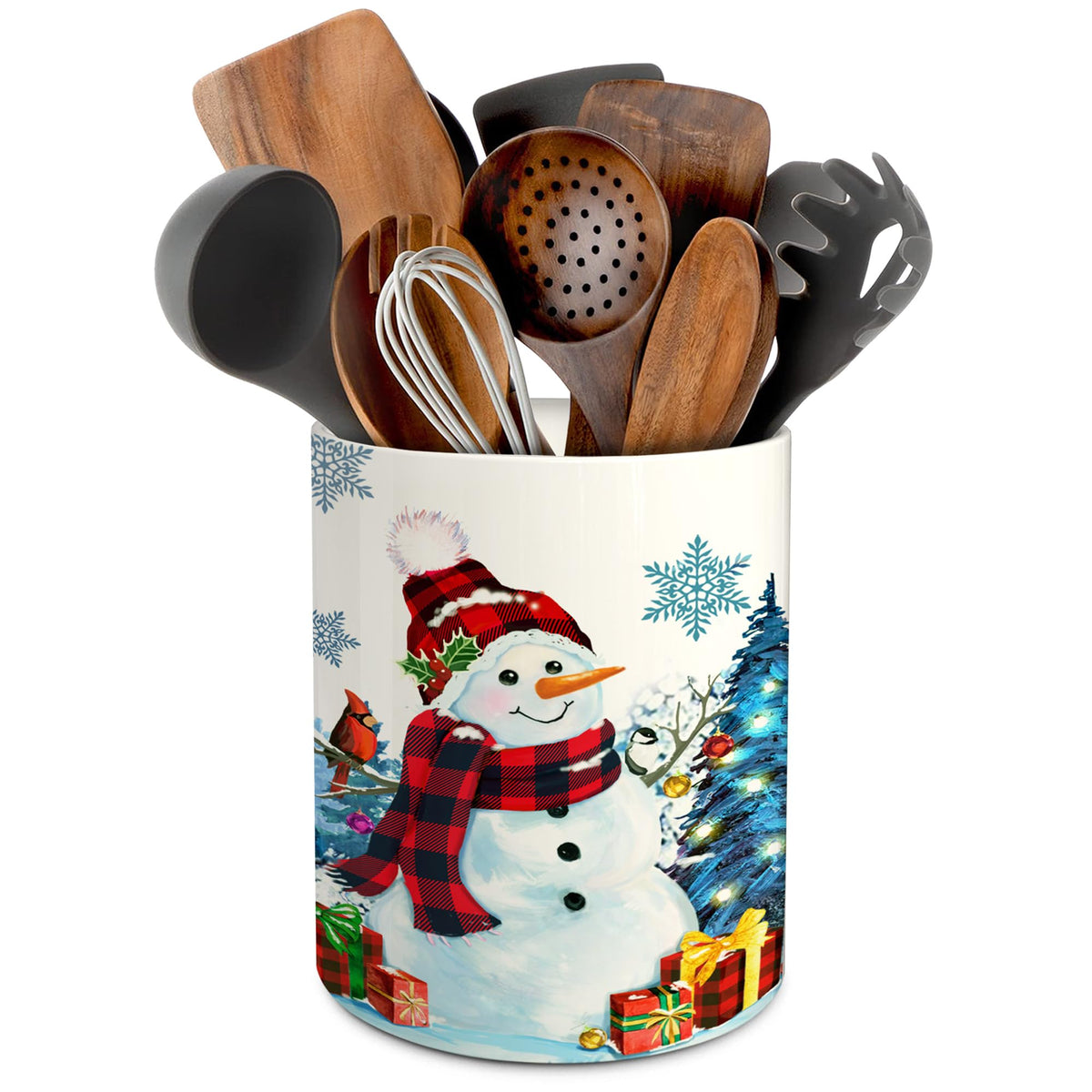 Pinata Christmas ceramic utensil holder with snowman design; durable and practical.