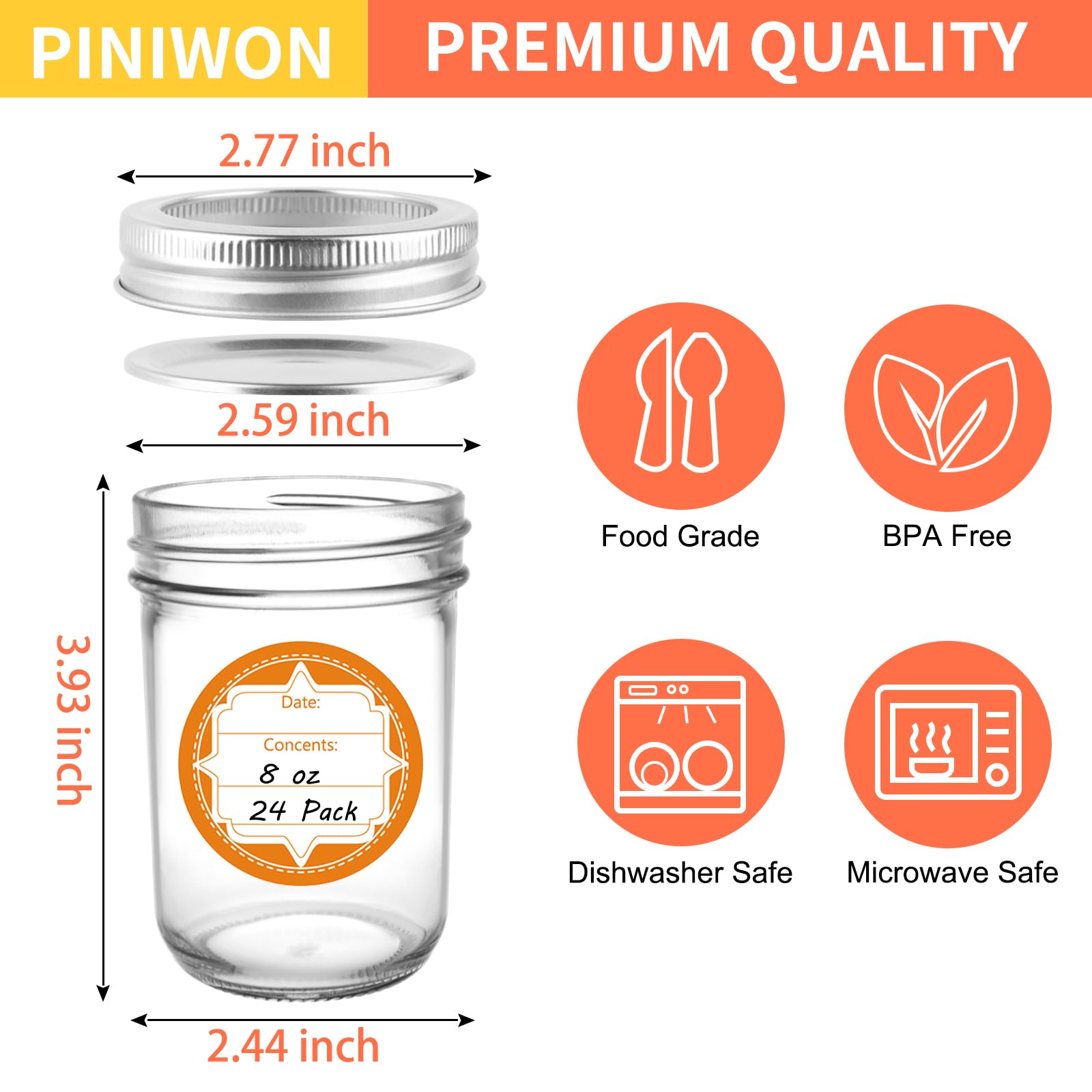 PINIWON regular-mouth 8oz jar closeup showing clear glass and seal.