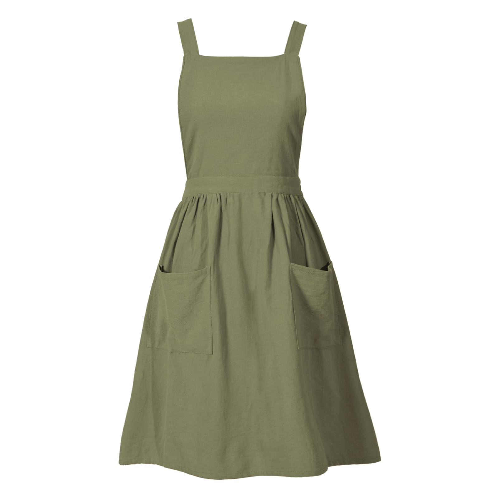 Pinknoke olive green apron fabric close-up showing breathable cotton-linen blend for comfort.