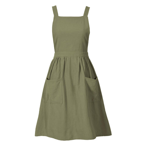 Pinknoke olive green apron fabric close-up showing breathable cotton-linen blend for comfort.