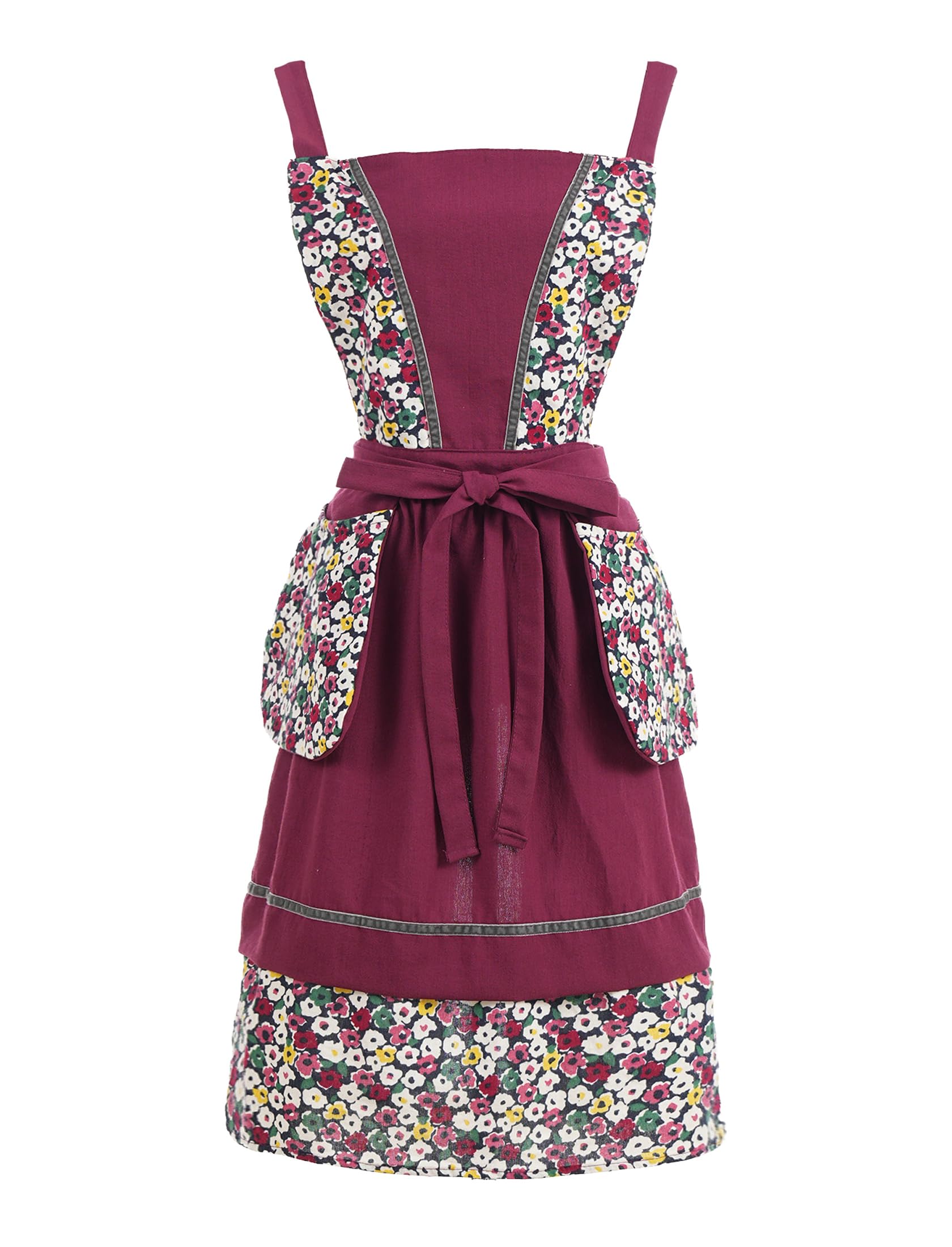 Pinknoke burgundy floral apron front view showing style and coverage for cooking.
