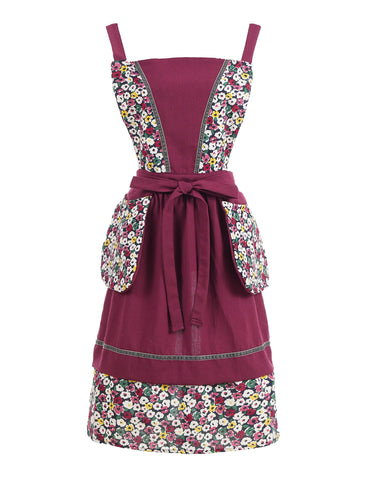 Pinknoke burgundy floral apron front view showing style and coverage for cooking.