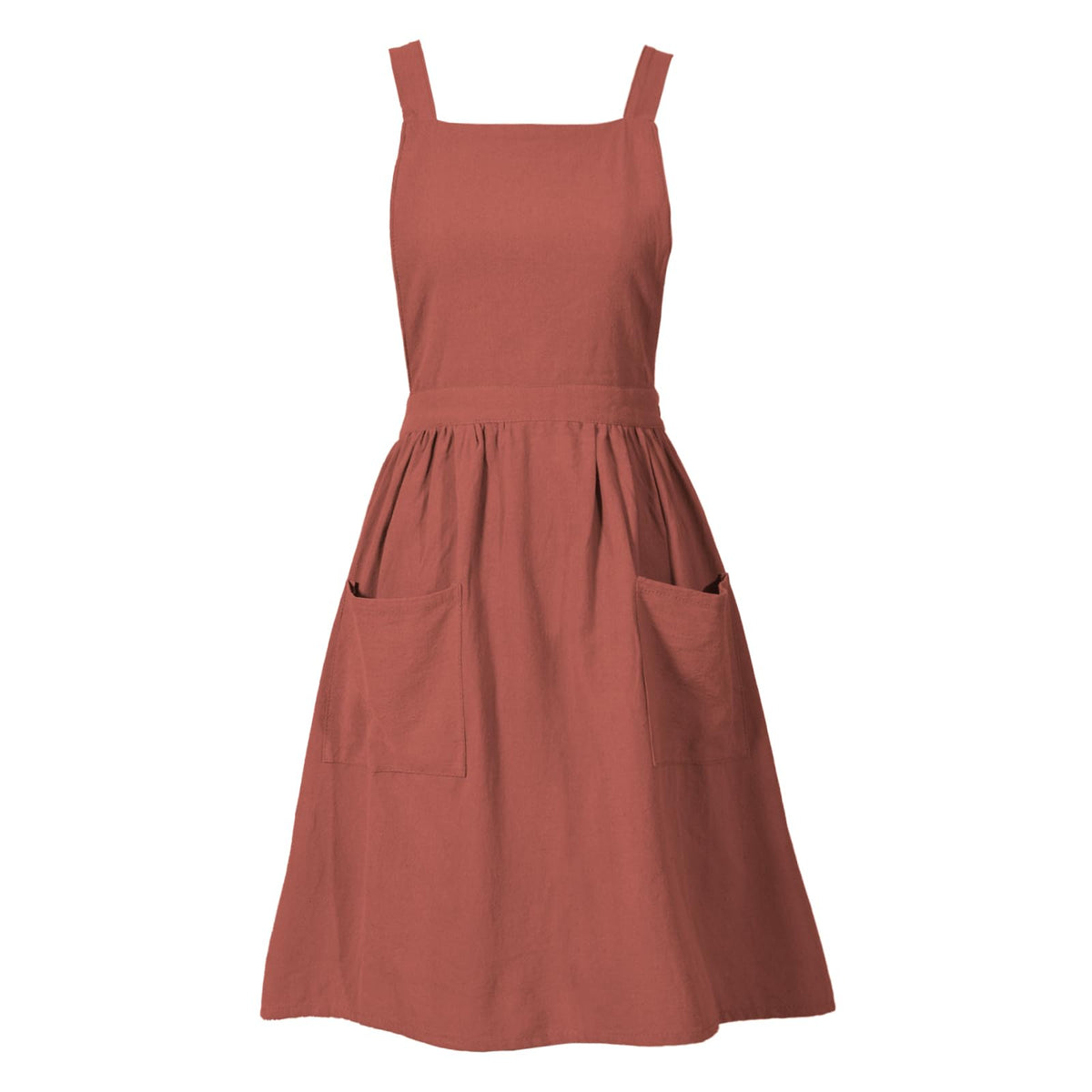 Pinknoke burnt orange cotton linen pinafore apron, front view with pockets for easy cooking.