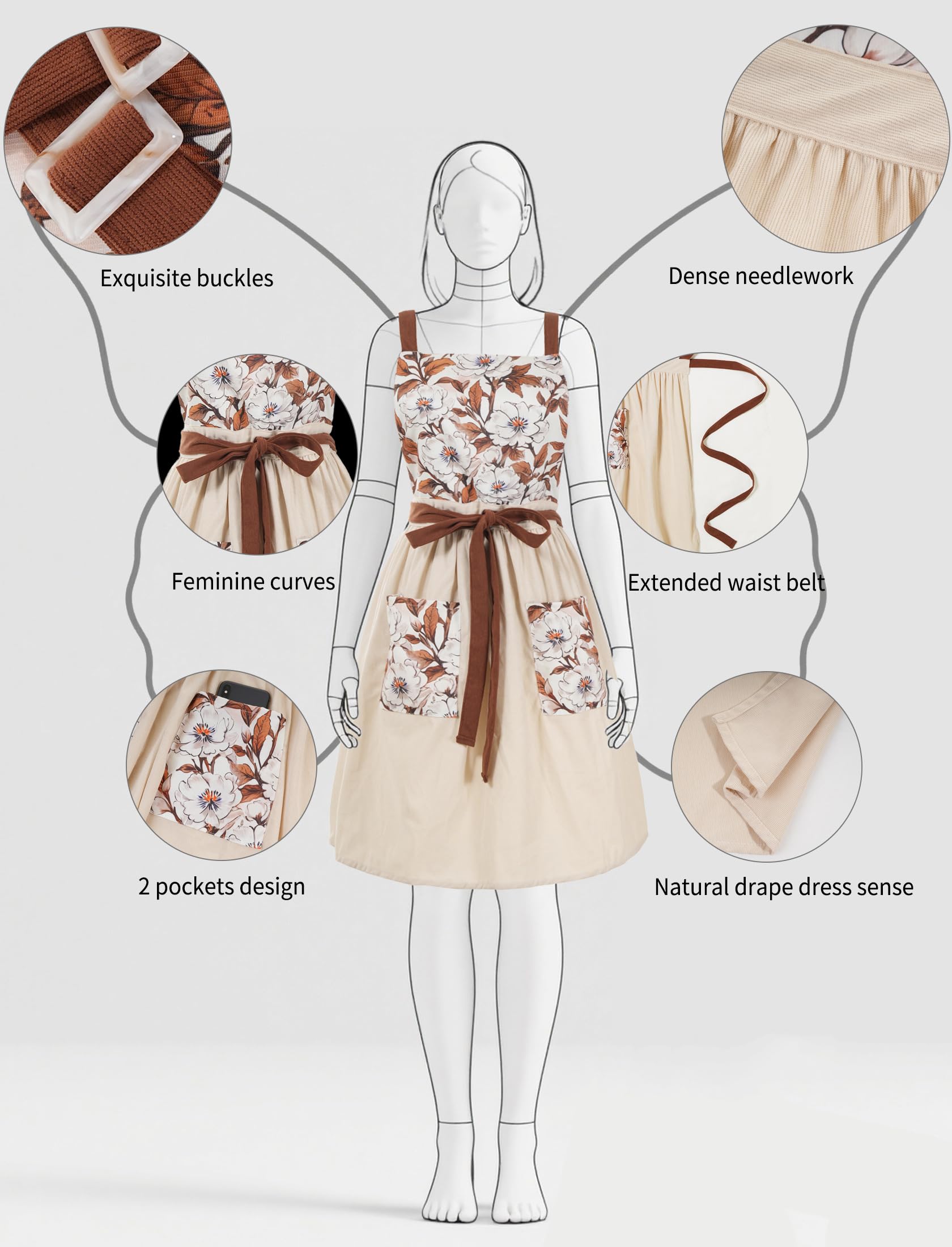 Pinknoke Vintage Pinafore Apron Beige skirt-area offers generous coverage for kitchen tasks