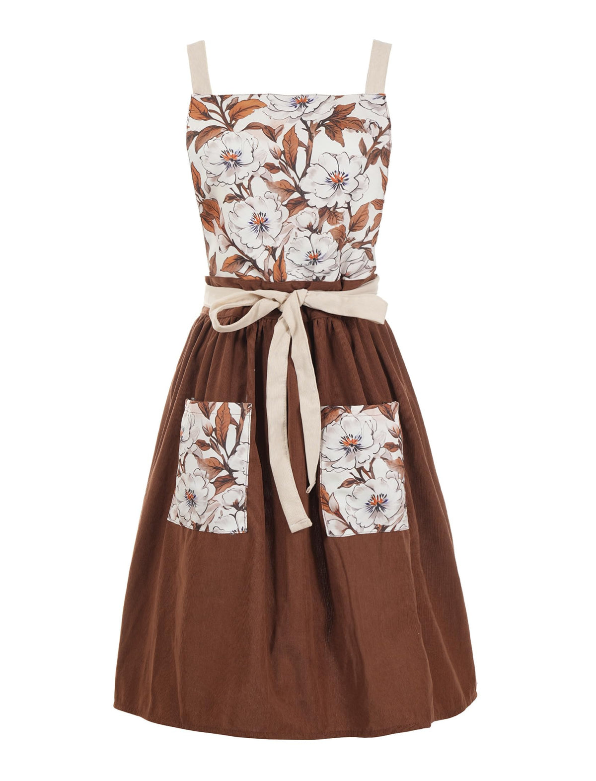 Pinknoke vintage pinafore apron dress in brown with pockets for cooking and gardening