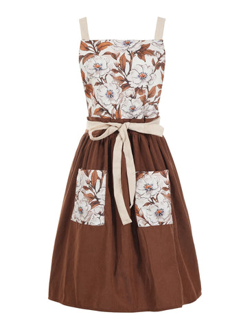 Pinknoke vintage pinafore apron dress in brown with pockets for cooking and gardening