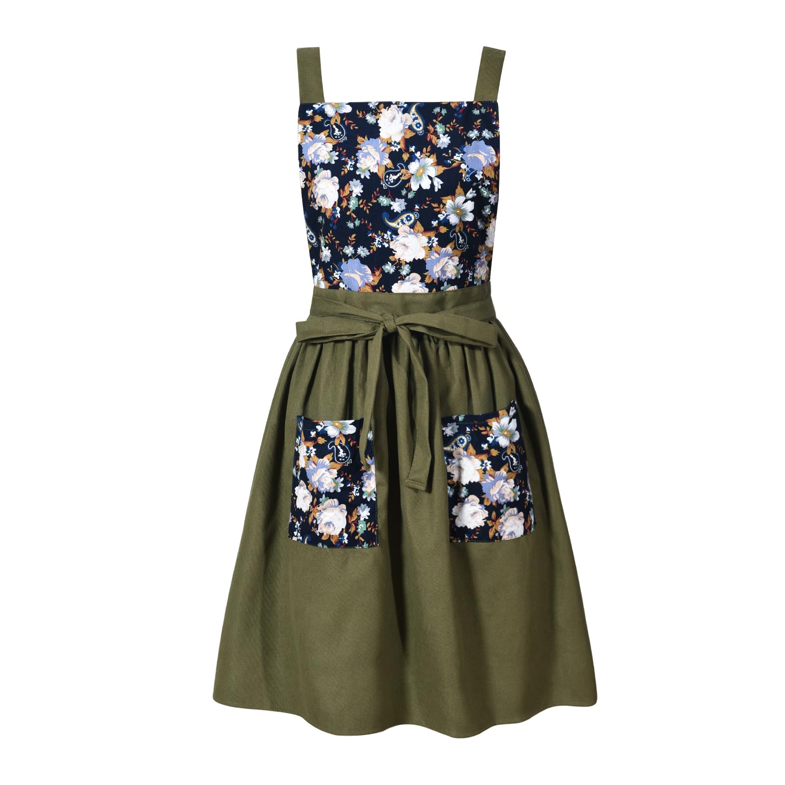 Pinknoke Vintage Pinafore Apron Olive Green front view with chest protection.