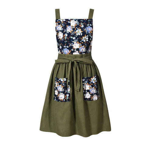 Pinknoke Vintage Pinafore Apron Olive Green front view with chest protection.