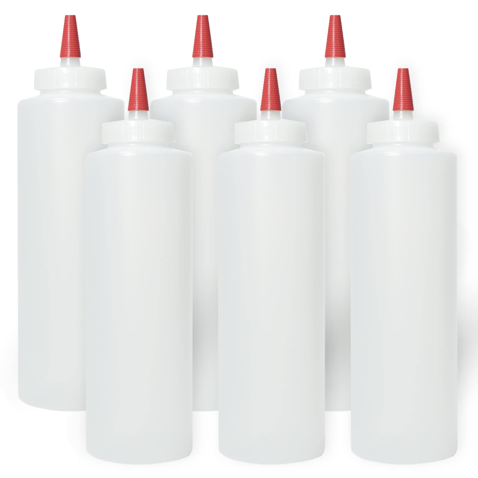 Pinnacle Mercantile 16oz squeeze bottles with wide mouth and red cap for easy filling and pouring
