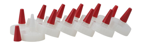 Pinnacle Mercantile condiment cap with red tip, fits 38-400 bottles for precise, clog-free dispensing.