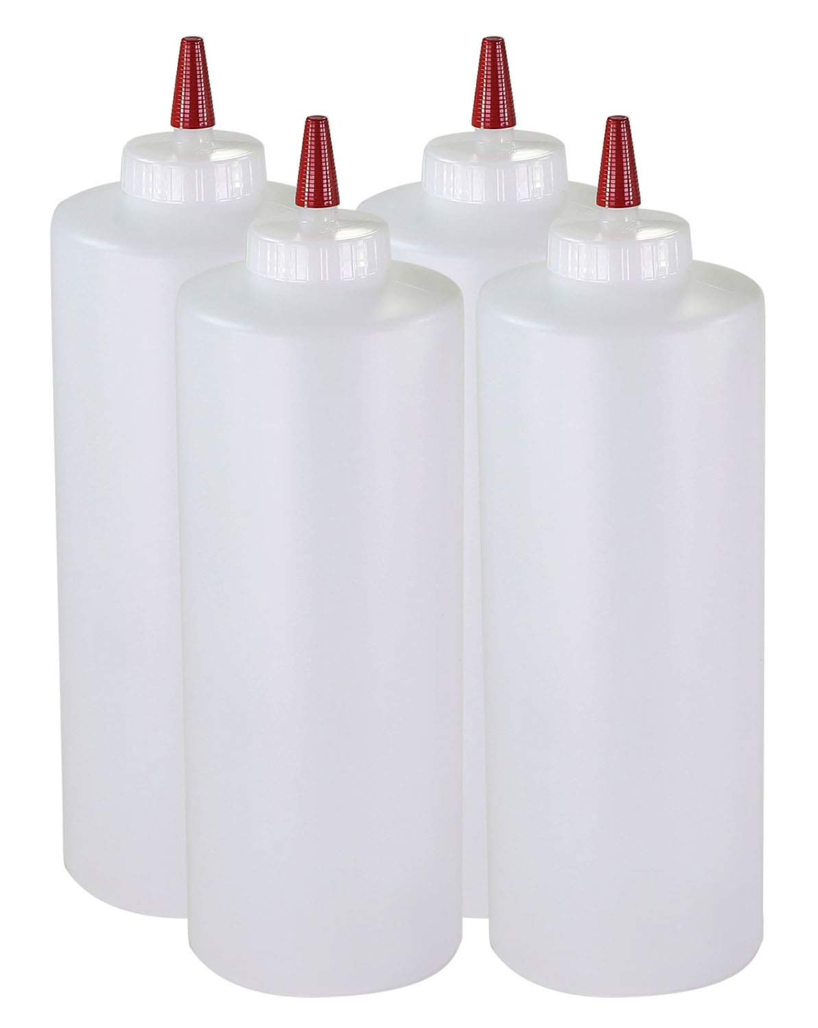 Pinnacle Mercantile 32oz condiment squeeze bottles with red caps for fast service