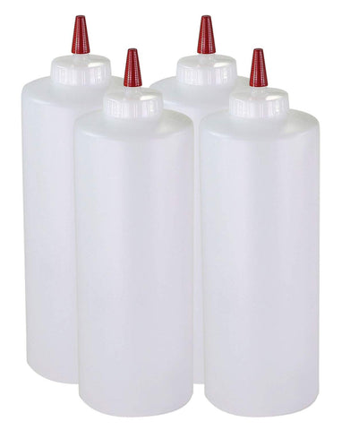 Pinnacle Mercantile 32oz condiment squeeze bottles with red caps for fast service