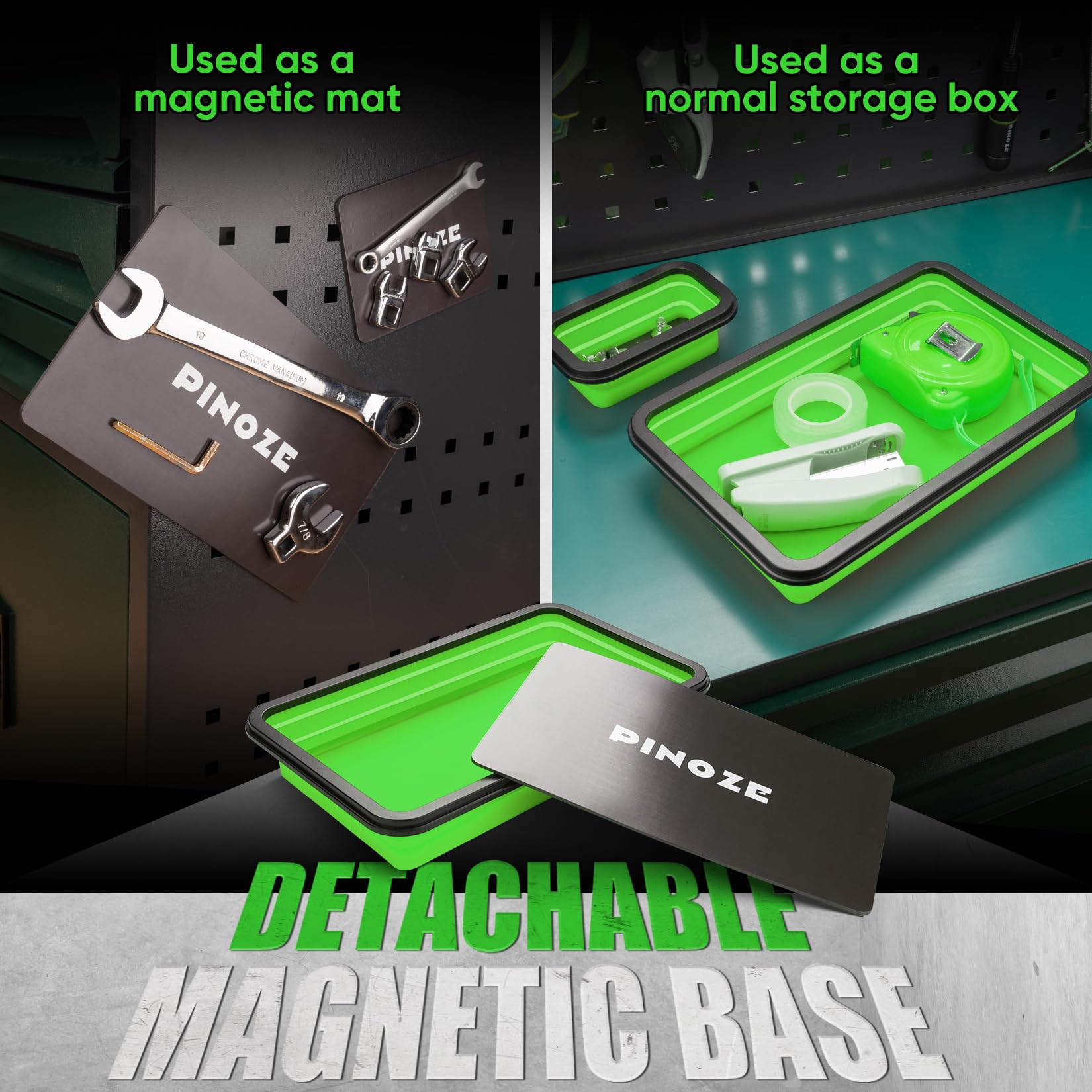 PINOZE 12in magnetic pickup tool retrieves metal items from tight spaces.