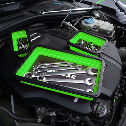 PINOZE folded trays show portable organization for on-the-go projects.