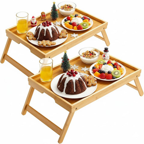 Pipishell bamboo bed tray with foldable legs for stable bedside meals.