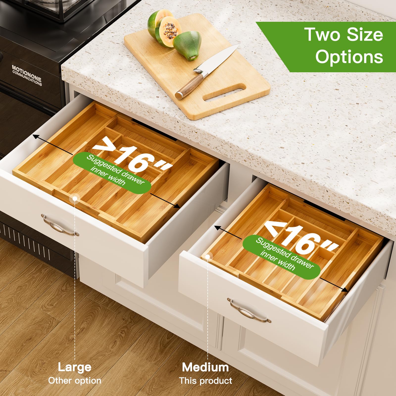 Pipishell bamboo drawer dividers create clear compartments.