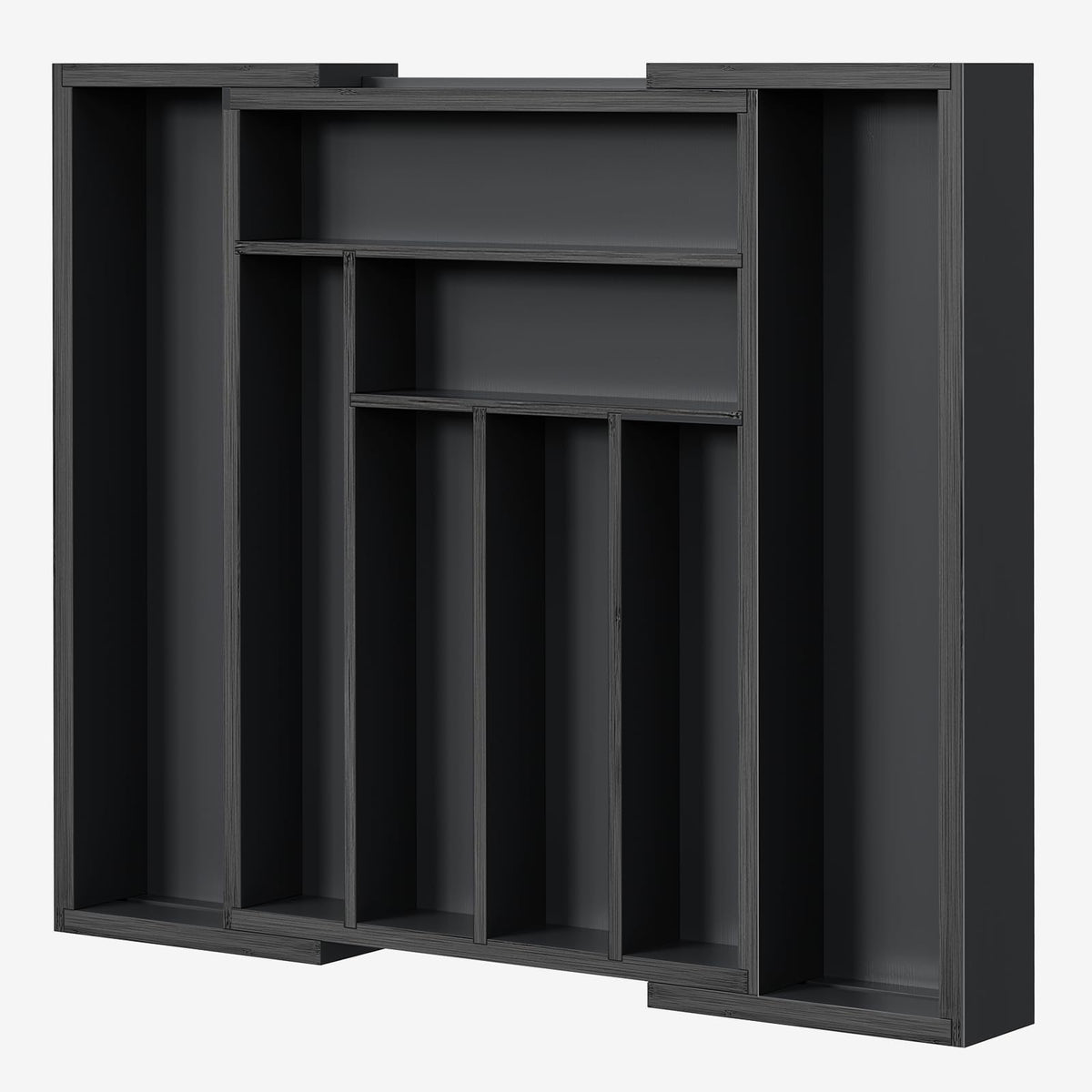 Pipishell bamboo expandable drawer organizer front view with multiple compartments for organized utensils