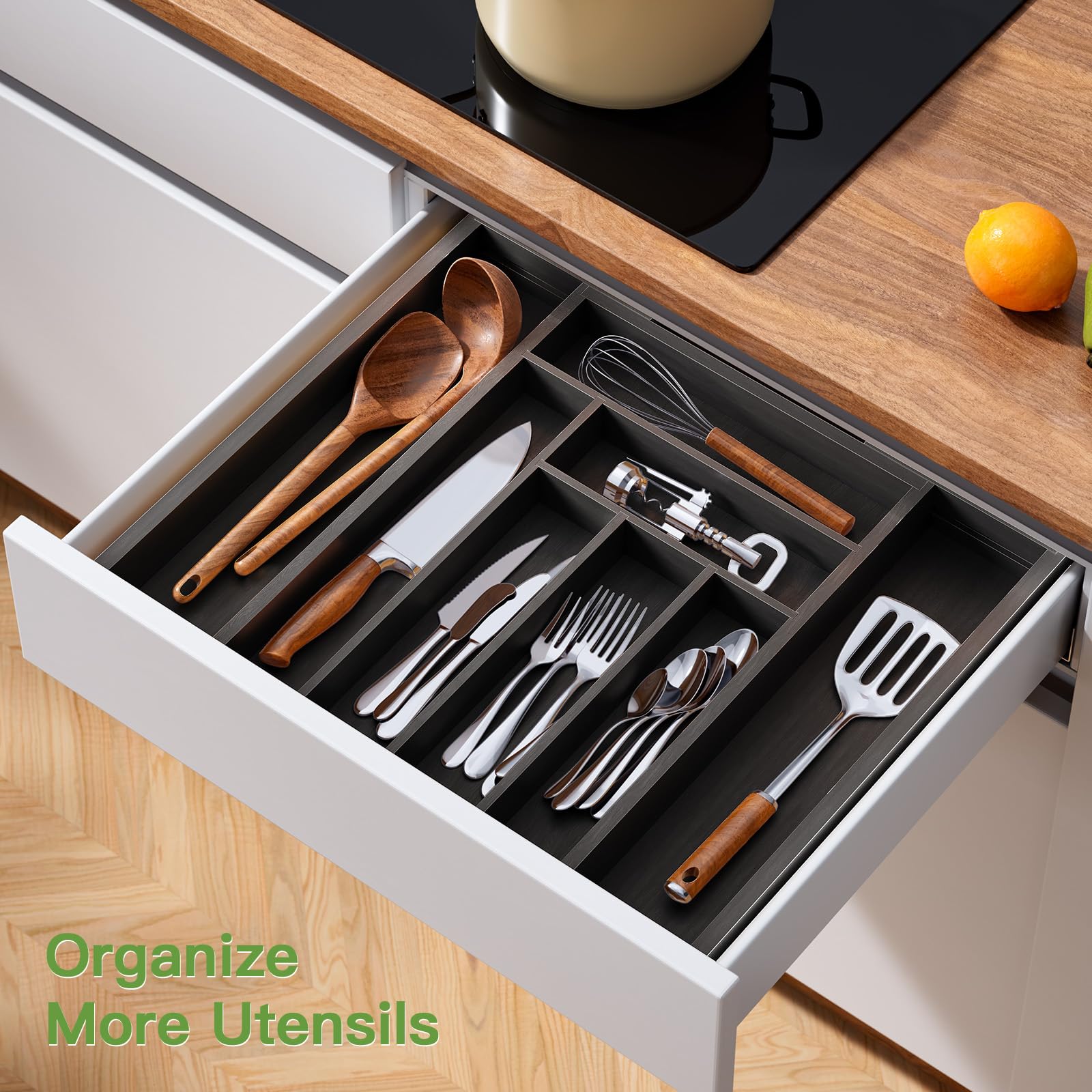 Pipishell bamboo organizer close-up showing neatly stored spoons and knives