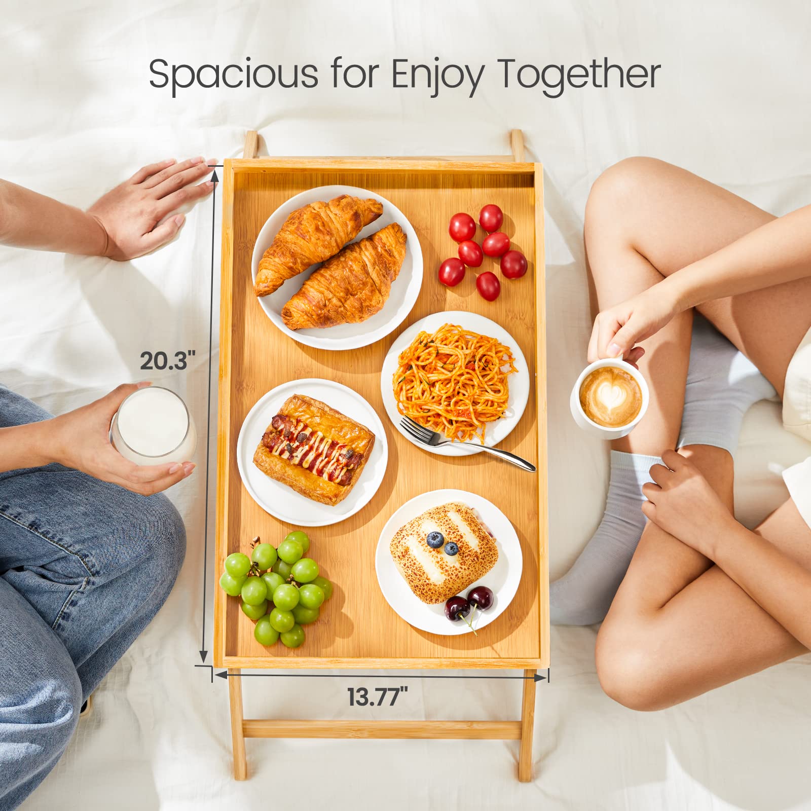 Pipishell breakfast tray in bed with curved handles for easy transport and positioning.