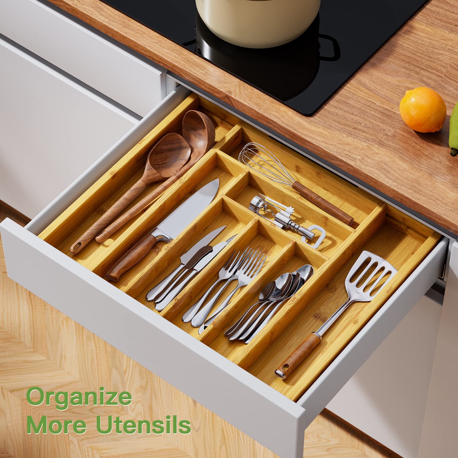 Pipishell expandable utensil tray extended width for flexible kitchen storage.