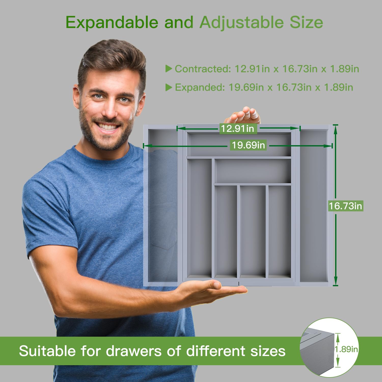 Pipishell smooth-sliding mechanism enables easy expansion to fit drawers.