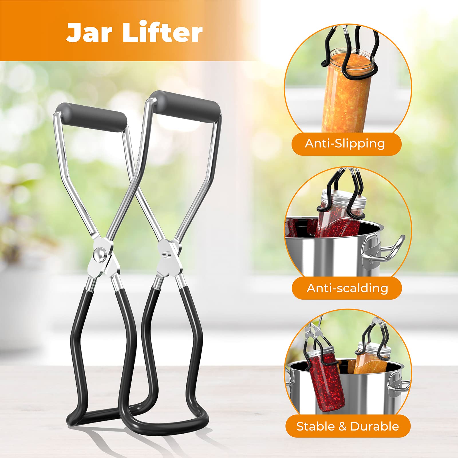 Pisol jar lifter safely lifts hot jars from boiling water