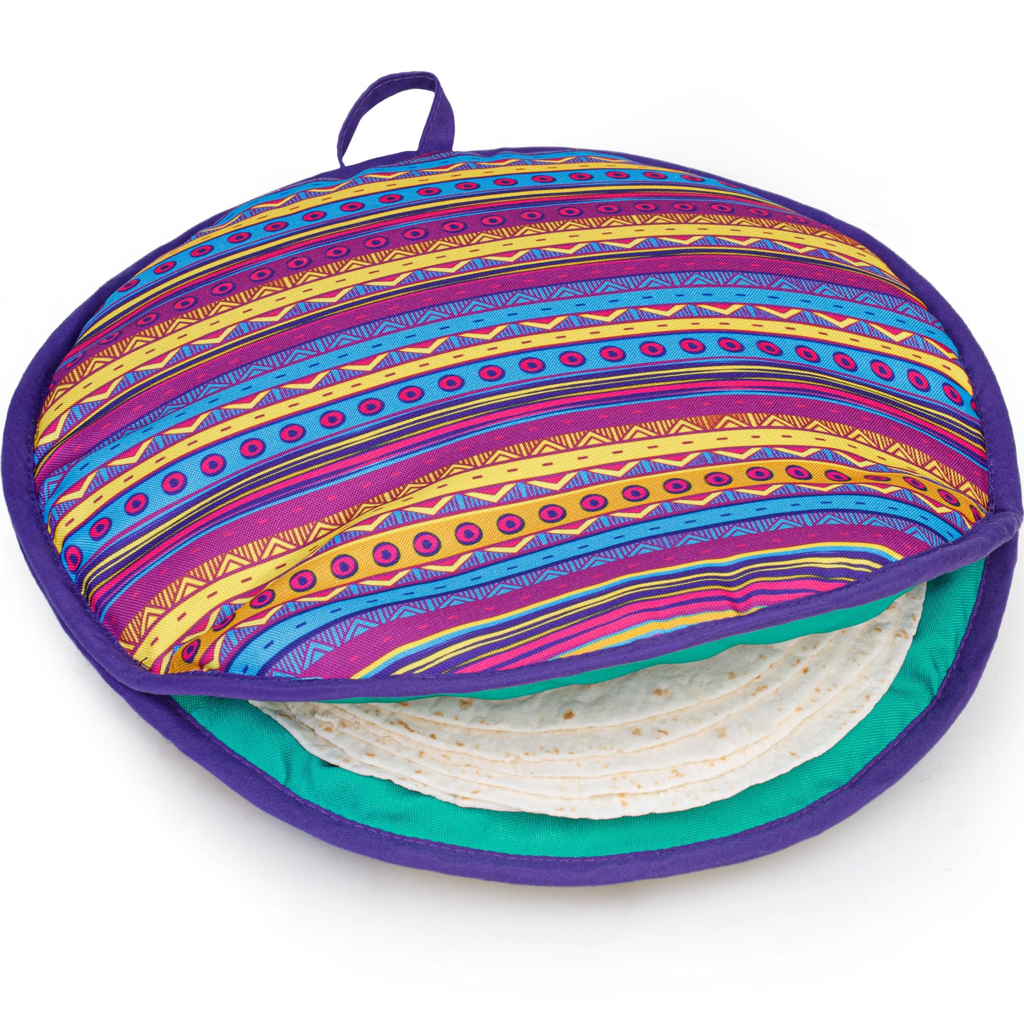 PixiPy tortilla warmer pouch front view in multicolor keeps tortillas warm