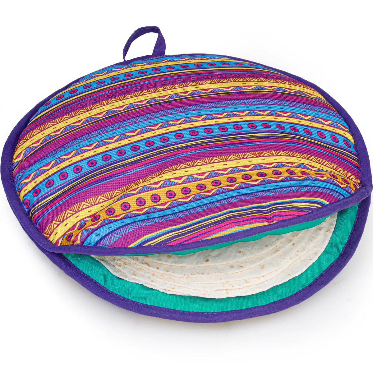 PixiPy tortilla warmer pouch front view in multicolor keeps tortillas warm
