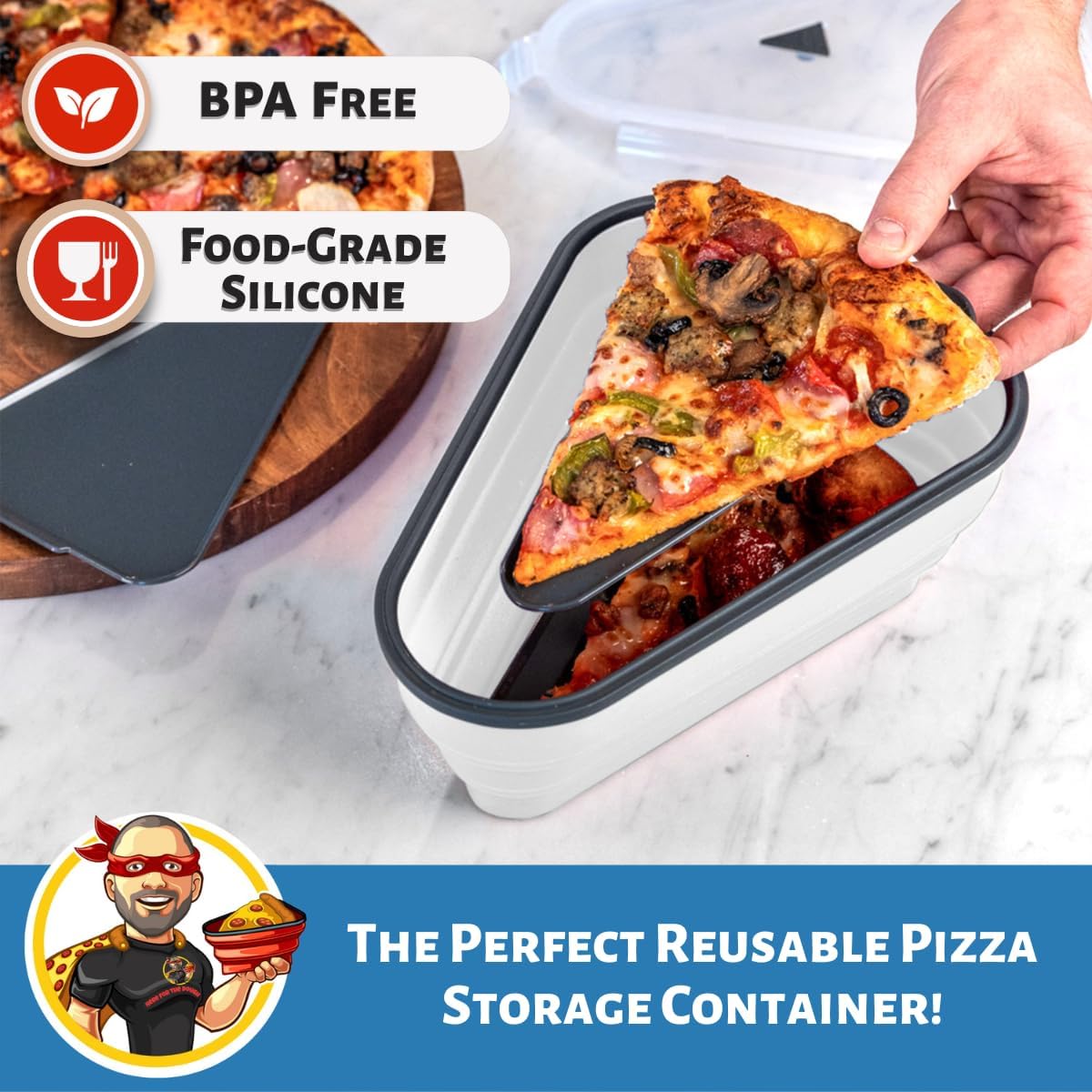 PIZZA PACK airtight lids provide a vacuum seal to keep pizza fresh