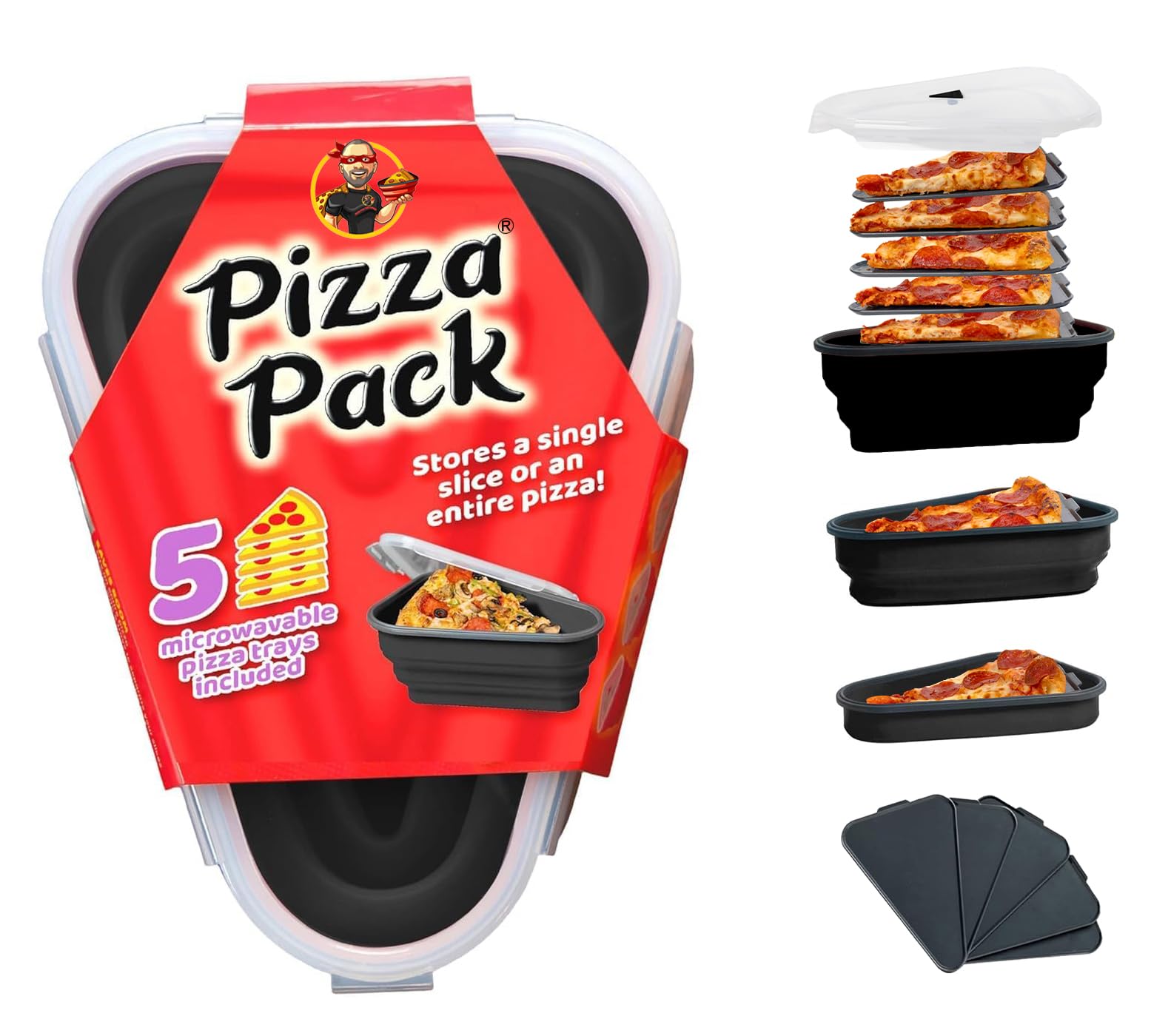 Pizzapack front view shows space-saving pizza storage.