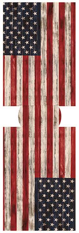 PKM distressed USA flag sleeve adds rugged style for outdoor events.