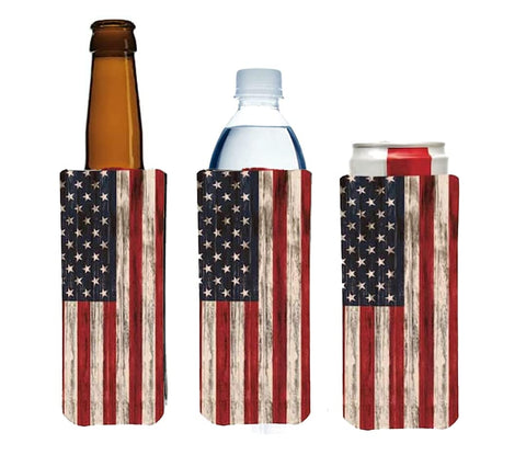 PKM distressed flag sleeve fits most 12 oz slim cans.