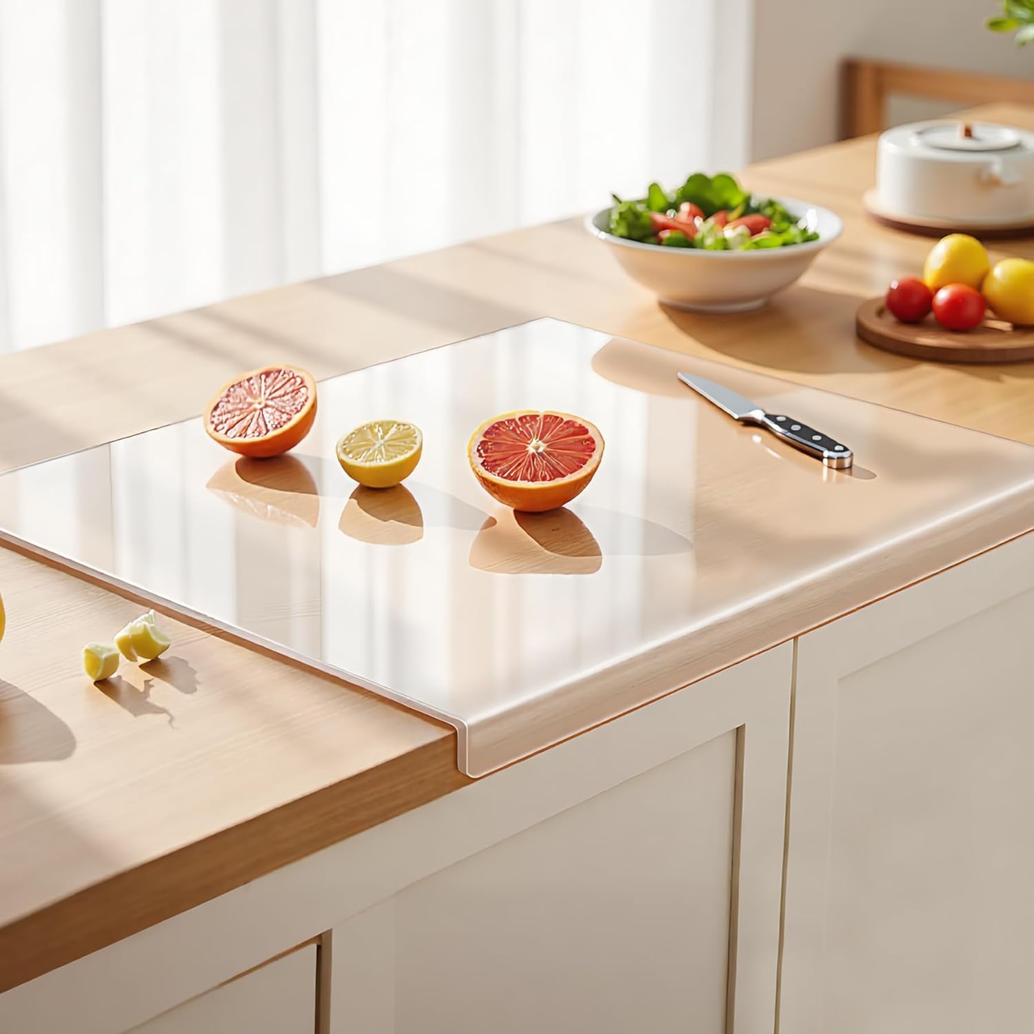 PlainPick acrylic cutting board with lip on countertop for stable daily prep