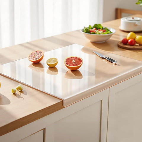 PlainPick acrylic cutting board with lip on countertop for stable daily prep