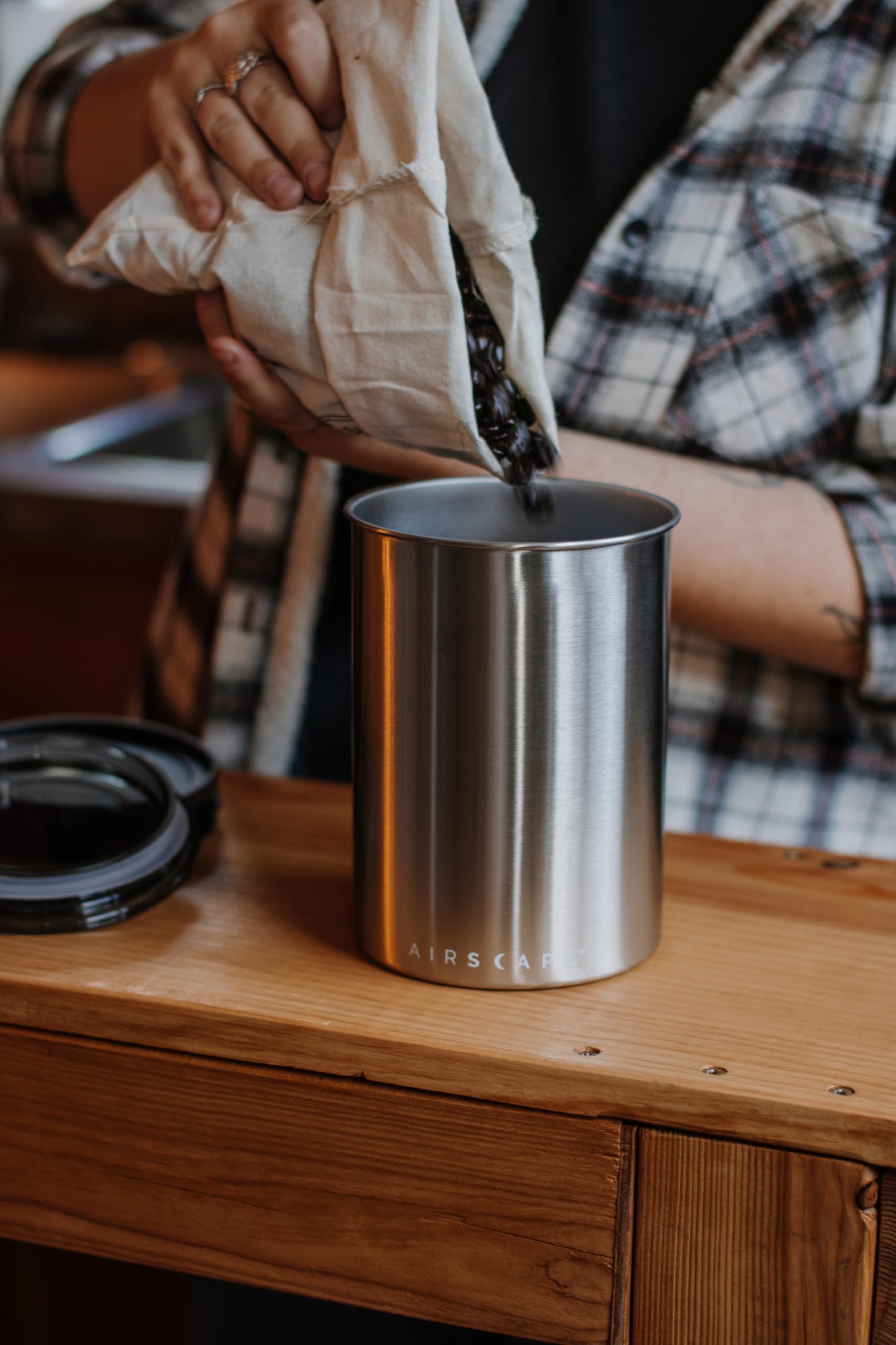 Planetary Design Airscape medium canister on counter keeps coffee fresh