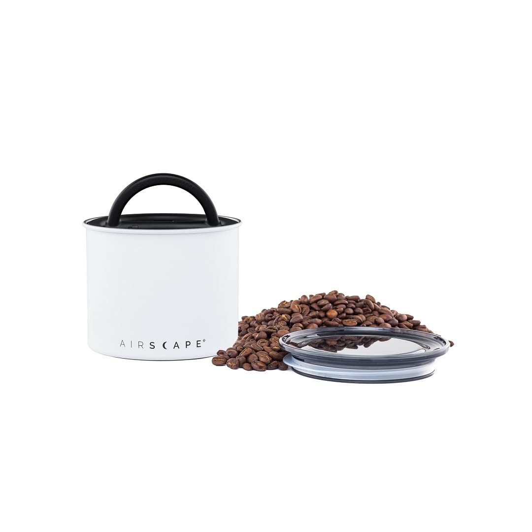 Planetary Design Airscape stainless coffee canister, small matte white, removes air to keep beans fresh.