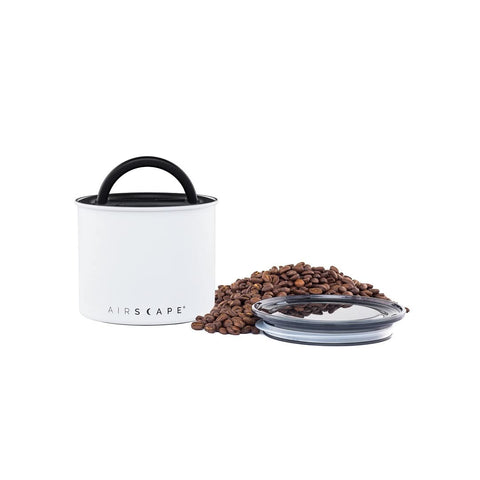 Planetary Design Airscape stainless coffee canister, small matte white, removes air to keep beans fresh.