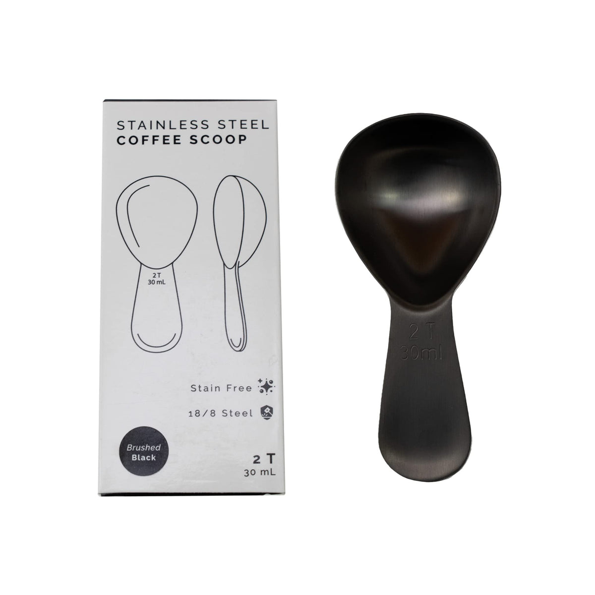 Planetary Design coffee scoop in brushed black showing 2 Tbsp measurement for precise brewing