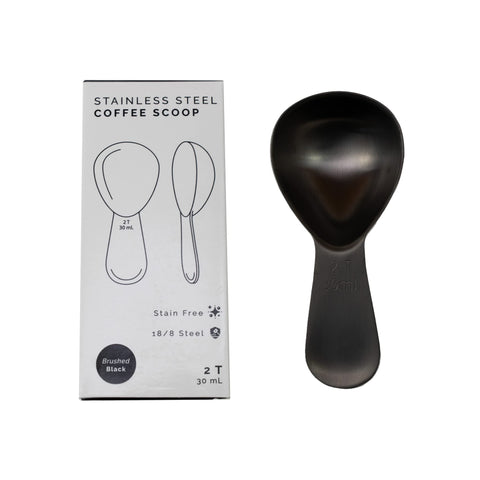 Planetary Design coffee scoop in brushed black showing 2 Tbsp measurement for precise brewing