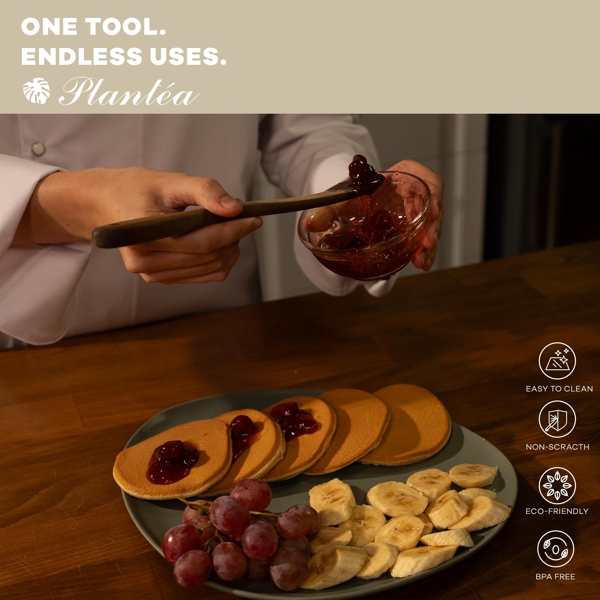 PLANTÉA spurtle used as a multipurpose tool for soups and batters.