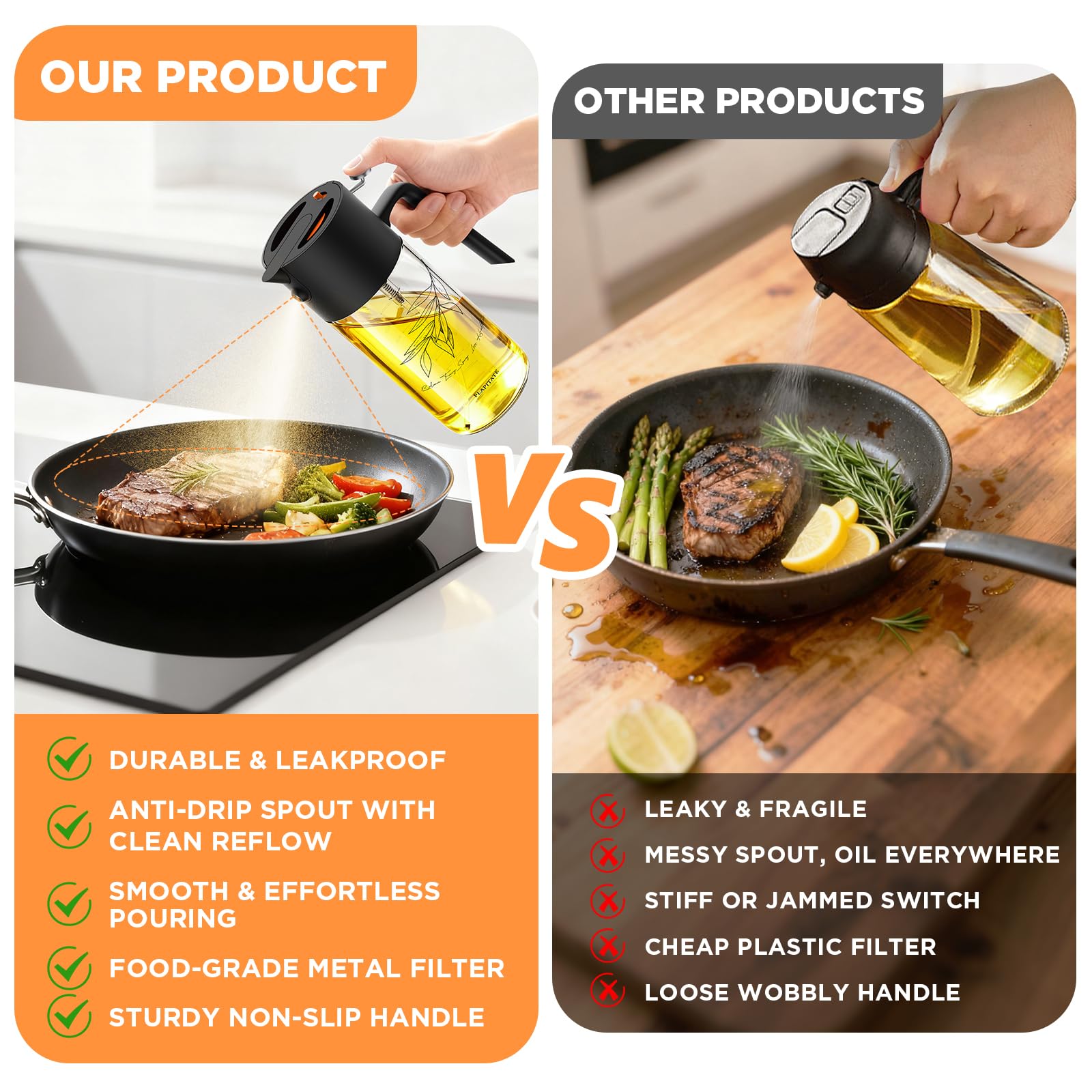 PLAPITATE anti-drip nozzle keeps surfaces clean while cooking.